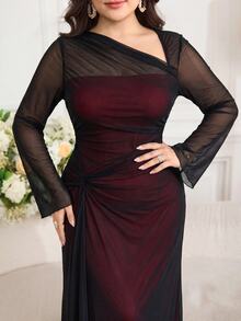 Feyla Plus Size Elegant Sexy Asymmetrical Neckline Mesh Long Sleeve Dress - Black - View 3