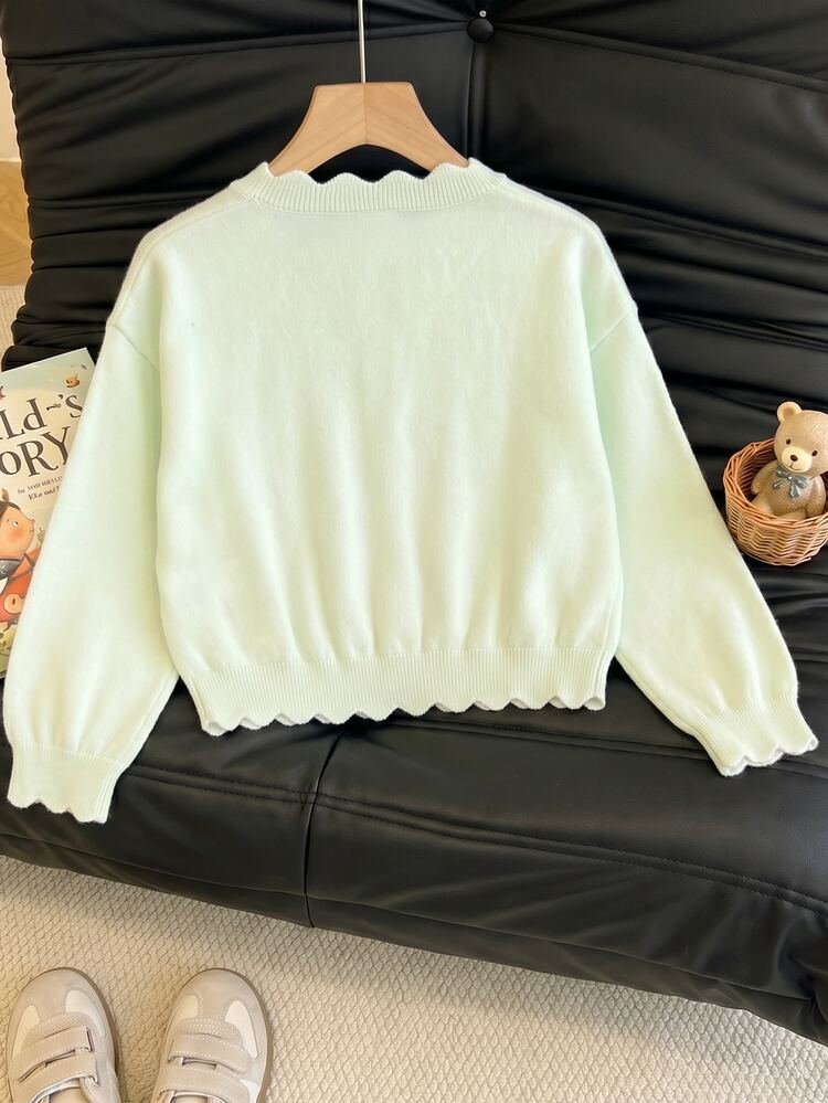 SHEIN Young Girl Wavy Edge Single-Breasted Casual Knit Cardigan Autumn Fall - Mint Green - View 2