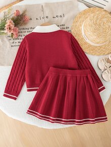 SHEIN 秋季幼兒女童彩虹紅長袖刺繡花卉針織衫裙套裝 返校季 舒適柔軟 聖誕 親子公主風 - 酒紅色 - 查看 2