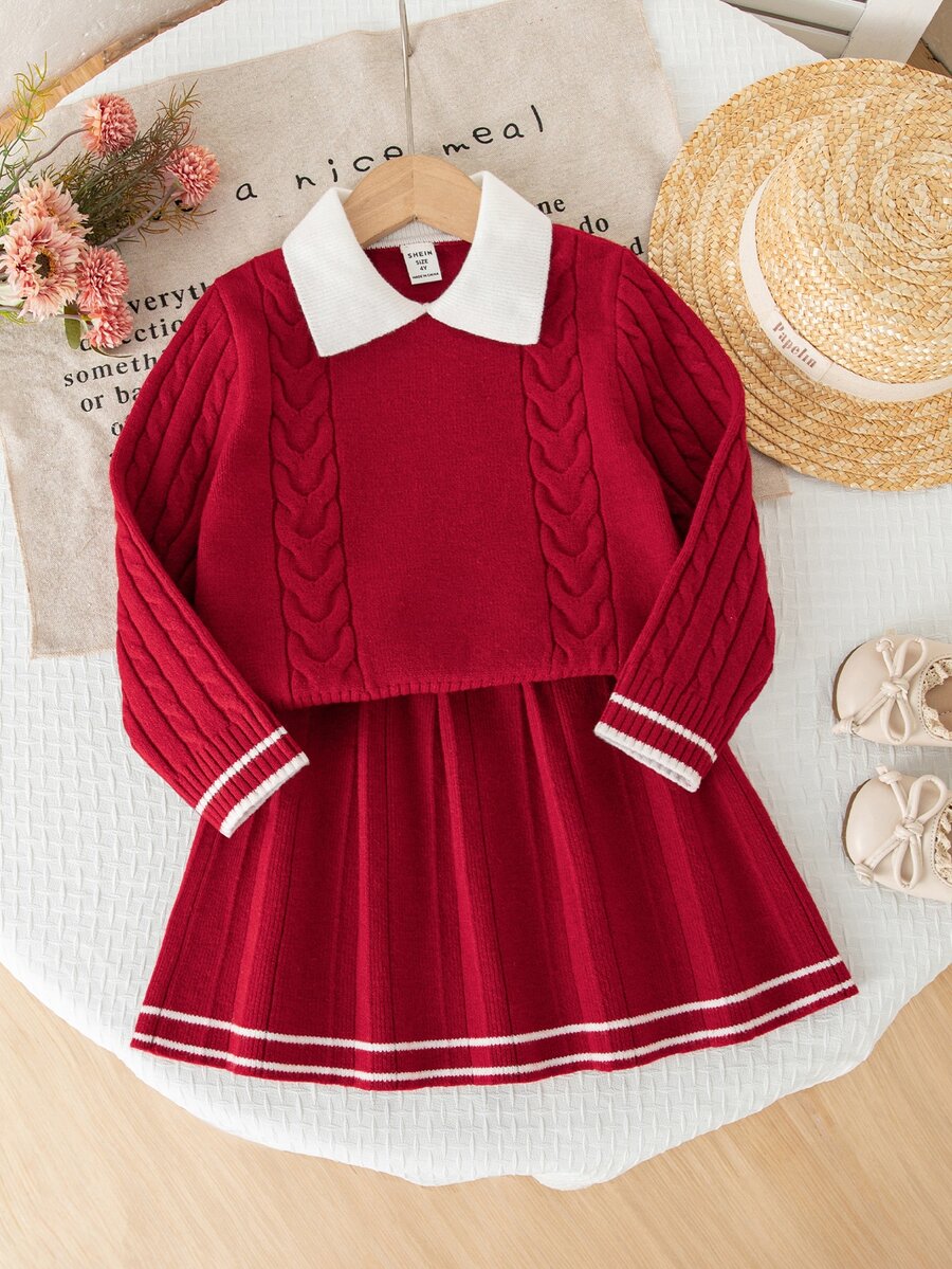 SHEIN 秋季幼兒女童彩虹紅長袖刺繡花卉針織衫裙套裝 返校季 舒適柔軟 聖誕 親子公主風 - 酒紅色 - 查看 1