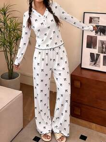 SHEIN Tween Girl Tween Girl Long Sleeve Long Pants Bowknot Pink Pajama Set - Pink - View 1
