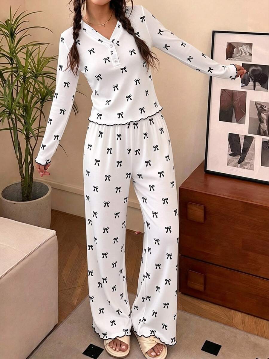 SHEIN Tween Girl Tween Girl Long Sleeve Long Pants Bowknot Pink Pajama Set - Pink - View 1