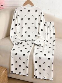 SHEIN Tween Girl Tween Girl Long Sleeve Long Pants Bowknot Pink Pajama Set - Pink - View 3