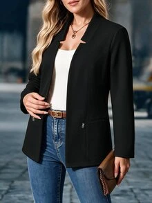 EMERY ROSE CURVE Jaket Kardigan Wanita Ukuran Besar Musim Gugur/Dingin, Warna Hitam Polos, Tanpa Lapisan, Dekorasi Resleting, Gaya Minimalis, Lengan Panjang, Pas Badan, Cocok untuk Perjalanan dan Pemakaian Sehari-hari - Hitam - View 6