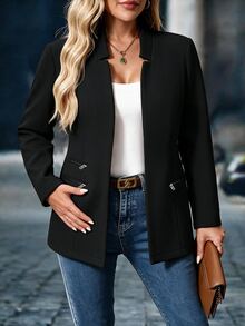EMERY ROSE CURVE Jaket Kardigan Wanita Ukuran Besar Musim Gugur/Dingin, Warna Hitam Polos, Tanpa Lapisan, Dekorasi Resleting, Gaya Minimalis, Lengan Panjang, Pas Badan, Cocok untuk Perjalanan dan Pemakaian Sehari-hari - Hitam - View 4