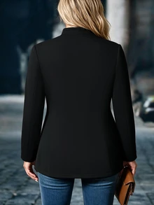 EMERY ROSE CURVE Jaket Kardigan Wanita Ukuran Besar Musim Gugur/Dingin, Warna Hitam Polos, Tanpa Lapisan, Dekorasi Resleting, Gaya Minimalis, Lengan Panjang, Pas Badan, Cocok untuk Perjalanan dan Pemakaian Sehari-hari - Hitam - View 2