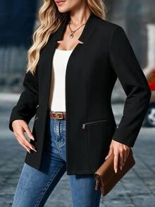 EMERY ROSE CURVE Jaket Kardigan Wanita Ukuran Besar Musim Gugur/Dingin, Warna Hitam Polos, Tanpa Lapisan, Dekorasi Resleting, Gaya Minimalis, Lengan Panjang, Pas Badan, Cocok untuk Perjalanan dan Pemakaian Sehari-hari - Hitam - View 5