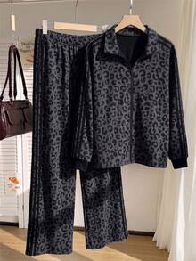 SHEIN EZwear Plus Size Autumn/Winter Leopard Print Zip-Up Hoodie And Striped Pants Set - Dark Grey - View 4