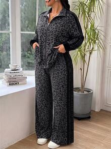 SHEIN EZwear Plus Size Autumn/Winter Leopard Print Zip-Up Hoodie And Striped Pants Set - Dark Grey - View 1