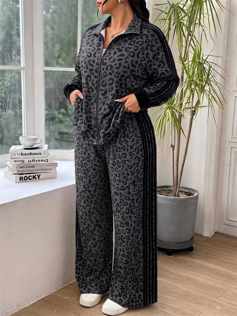 SHEIN EZwear Plus Size Autumn/Winter Leopard Print Zip-Up Hoodie And Striped Pants Set - Dark Grey - View 1