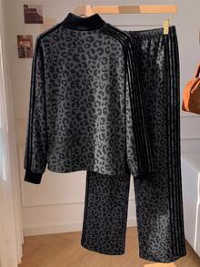SHEIN EZwear Plus Size Autumn/Winter Leopard Print Zip-Up Hoodie And Striped Pants Set - Dark Grey - View 2