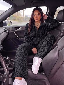 SHEIN EZwear Plus Size Autumn/Winter Leopard Print Zip-Up Hoodie And Striped Pants Set - Dark Grey - View 7