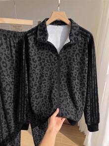 SHEIN EZwear Plus Size Autumn/Winter Leopard Print Zip-Up Hoodie And Striped Pants Set - Dark Grey - View 10