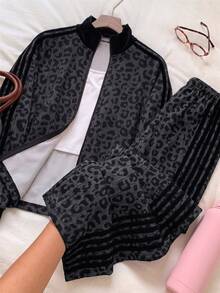 SHEIN EZwear Plus Size Autumn/Winter Leopard Print Zip-Up Hoodie And Striped Pants Set - Dark Grey - View 5