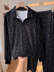 SHEIN EZwear Plus Size Autumn/Winter Leopard Print Zip-Up Hoodie And Striped Pants Set - Dark Grey - View 3