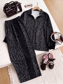 SHEIN EZwear Plus Size Autumn/Winter Leopard Print Zip-Up Hoodie And Striped Pants Set - Dark Grey - View 6