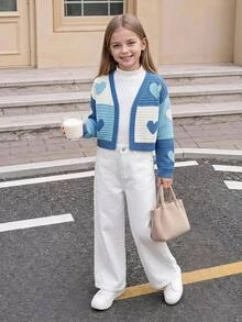 SHEIN 青少年女孩 1件 心形圖案落肩長版開襟針織外套 秋季 - 藍白色 - 查看 3