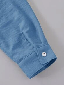 SHEIN Tween女孩淺卡其色紋理兩件套，刺繡翻領長袖襯衫搭配同布料鬆緊腰寬腿褲，親膚面料，休閒隨性風格，春/秋日常街頭通勤穿搭，小眾設計極簡套裝 - 藍色 - 查看 5