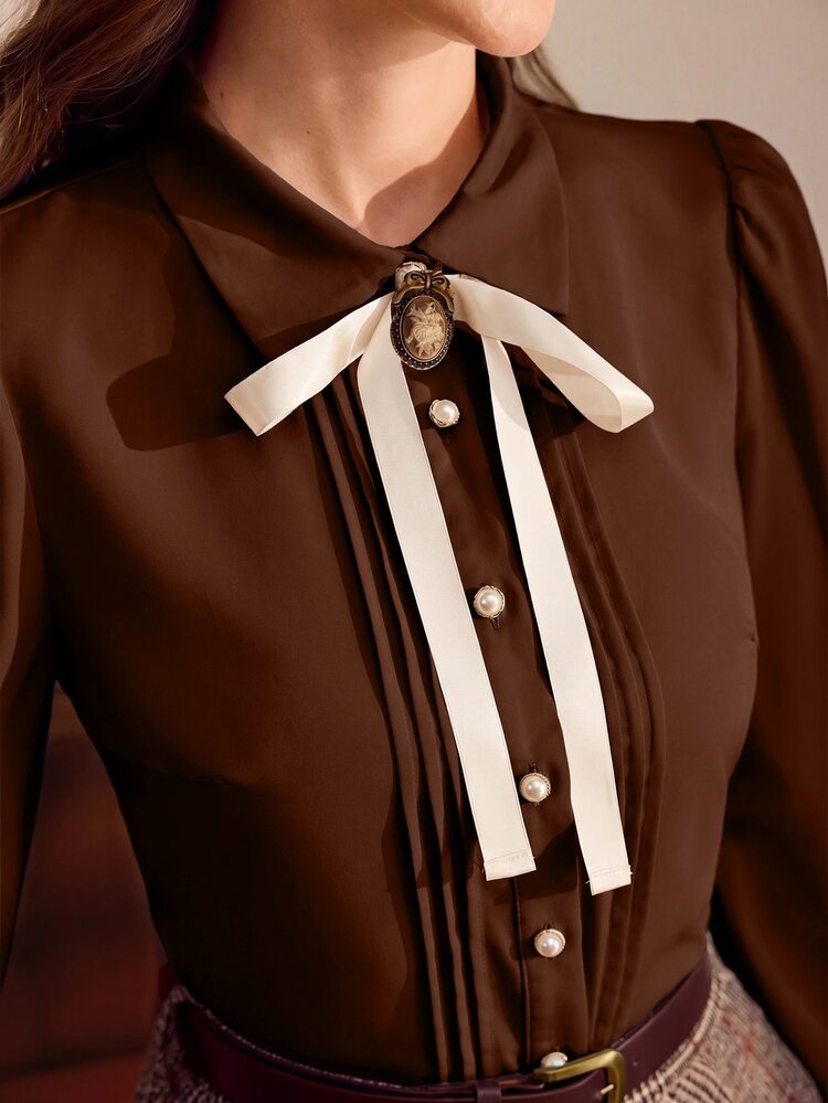 Vintamour Vintage Elegant Women's Blouse With Contrast Color Bowknot, Brooch, Pearl Buttons, Pleated Design, Casual Commute Holiday Festival Top - Brown - View 4