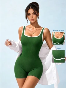 SHEIN Sports 女款細肩帶露背蜜桃臀皮拉提斯健身連身衣，空中瑜伽連身衣，新款 - Limelight Green - 查看 5