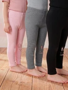 SHEIN 女童可愛休閒針織百搭純色刺繡卡通圖案鬆緊腰長款冬季長褲 3件組 - 彩色 - 查看 7