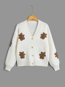SHEIN Genkimix Kids Tween Girl Bear Embroidery Drop Shoulder Cardigan Autumn Fall - White - View 5