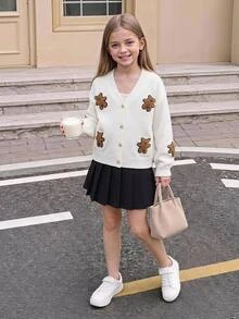 SHEIN Genkimix Kids Tween Girl Bear Embroidery Drop Shoulder Cardigan Autumn Fall - White - View 1