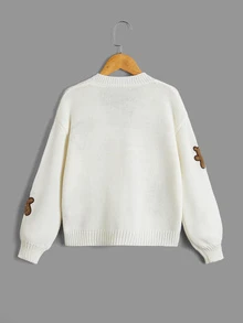 SHEIN Genkimix Kids Tween Girl Bear Embroidery Drop Shoulder Cardigan Autumn Fall - White - View 2