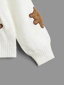 SHEIN Genkimix Kids Tween Girl Bear Embroidery Drop Shoulder Cardigan Autumn Fall - White - View 4