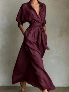 SHEIN Holidaya Women's Simple Casual Shirt Collar Dress - Burgundy - View 4