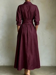 SHEIN Holidaya Women's Simple Casual Shirt Collar Dress - Burgundy - View 2