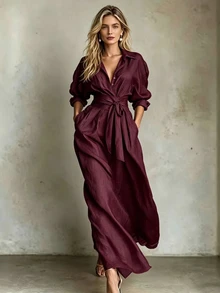 SHEIN Holidaya Women's Simple Casual Shirt Collar Dress - Burgundy - View 1