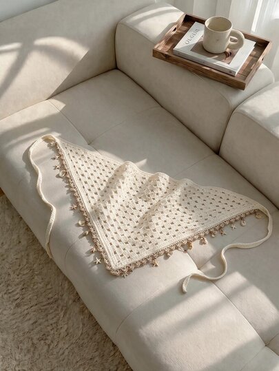Resyla 1pc Boho Beige Crochet Bandana Headband With Shell & Starfish Tassel Fringe, Beach Holiday Head Wrap, Coastal Style