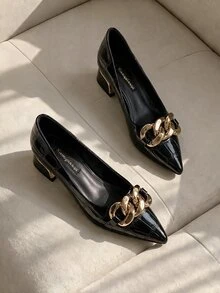 Resyla 2025 Autumn Women Chain Decor Crocodile Embossed Flats, Punk Point Toe Flat Shoes - Black - View 3