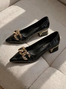 Resyla 2025 Autumn Women Chain Decor Crocodile Embossed Flats, Punk Point Toe Flat Shoes - Black - View 4