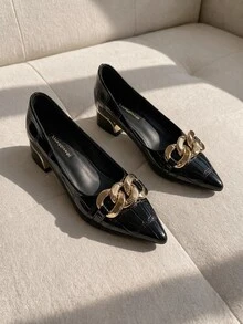 Resyla 2025 Autumn Women Chain Decor Crocodile Embossed Flats, Punk Point Toe Flat Shoes - Black - View 2