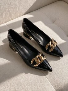 Resyla 2025 Autumn Women Chain Decor Crocodile Embossed Flats, Punk Point Toe Flat Shoes - Black - View 1
