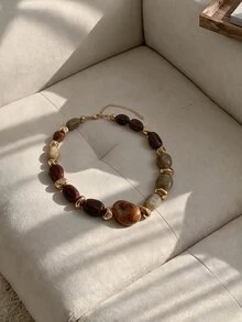 Resyla 1pc Fashion Retro Exaggerated Bohemian Style Thick Brown Acrylic Beaded Necklace For Women, Couples, Party, Daily Wear, Luxury High-End - Multicolor - View 4