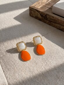 Resyla 1pair Asymmetrical Burgundy Vintage Chic Square Earrings - Orange - View 2