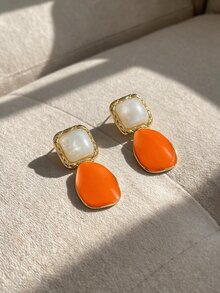 Resyla 1pair Asymmetrical Burgundy Vintage Chic Square Earrings - Orange - View 1
