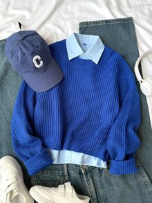 SHEIN Tween Girl Loose Fit Drop Shoulder Sweater Tween Girl Fall Sweaters Tween Girl Fall Sweaters Tween Girl Sweaters Tween Girl Jumper Pullover - Blue - View 6
