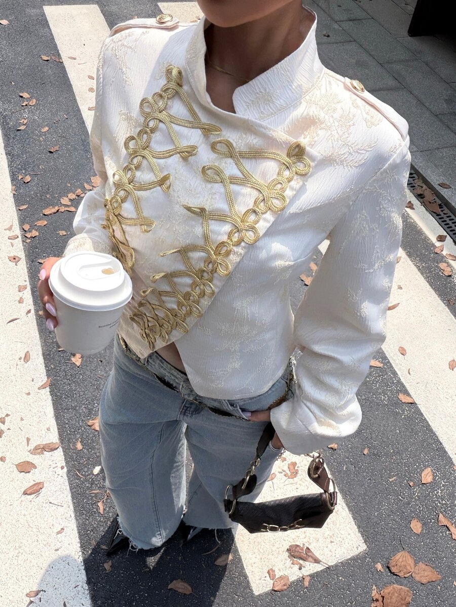 Muchica Women's Ivory Gold Jacquard Military Jacket, Elegant Napoleon Frog Button Stand Collar Blazer With Metallic Branch Pattern Chic Fall Winter Statement - Apricot - View 1