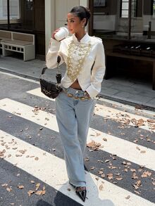 Muchica Women's Ivory Gold Jacquard Military Jacket, Elegant Napoleon Frog Button Stand Collar Blazer With Metallic Branch Pattern Chic Fall Winter Statement - Apricot - View 5