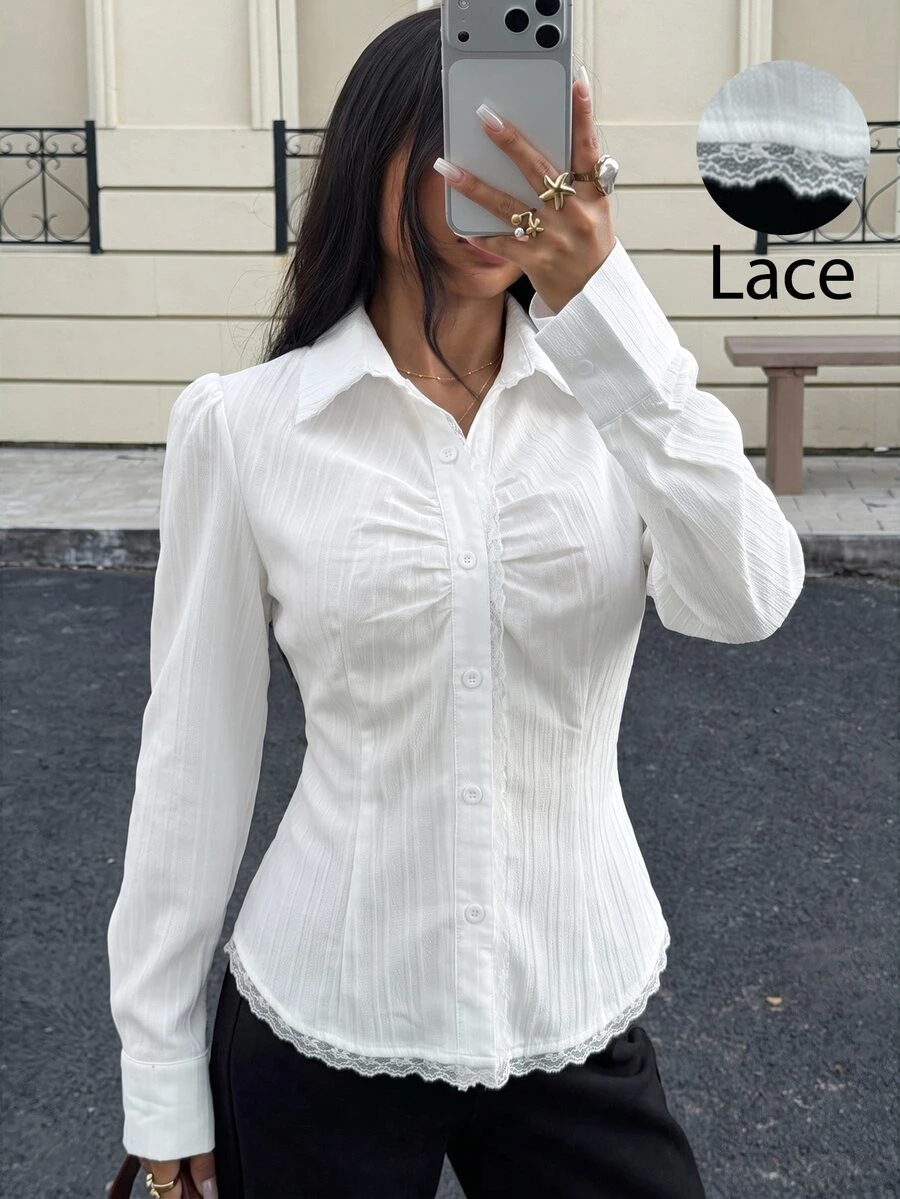 Siren Gaze 女款白色V領上衣,秋季收腰純欲風上衣,純色百褶鈕扣長袖襯衫,教師節辦公室早午餐穿搭 - 白色 - 查看 1