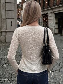 Allurite Women Ivory Lace Napoleon Top Vintage Gold Button Double Breasted Slim Long Sleeve Elegant Fall Party Shirt - Apricot - View 5