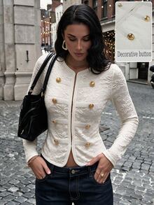 Allurite Women Ivory Lace Napoleon Top Vintage Gold Button Double Breasted Slim Long Sleeve Elegant Fall Party Shirt - Apricot - View 3