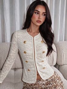 Allurite Women Ivory Lace Napoleon Top Vintage Gold Button Double Breasted Slim Long Sleeve Elegant Fall Party Shirt - Apricot - View 1