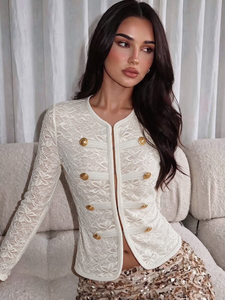 Allurite Women Ivory Lace Napoleon Top Vintage Gold Button Double Breasted Slim Long Sleeve Elegant Fall Party Shirt - Apricot - View 1