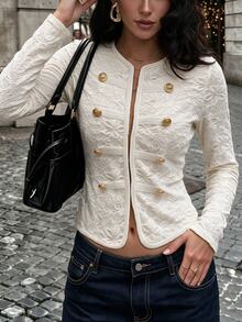 Allurite Women Ivory Lace Napoleon Top Vintage Gold Button Double Breasted Slim Long Sleeve Elegant Fall Party Shirt - Apricot - View 4