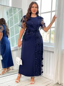 Reflora Plus Size Elegant 3D Floral Decor Mesh Patchwork Dress,Summer Outfits For Women Spring/Summer Outfit Women - Navy Blue - View 4